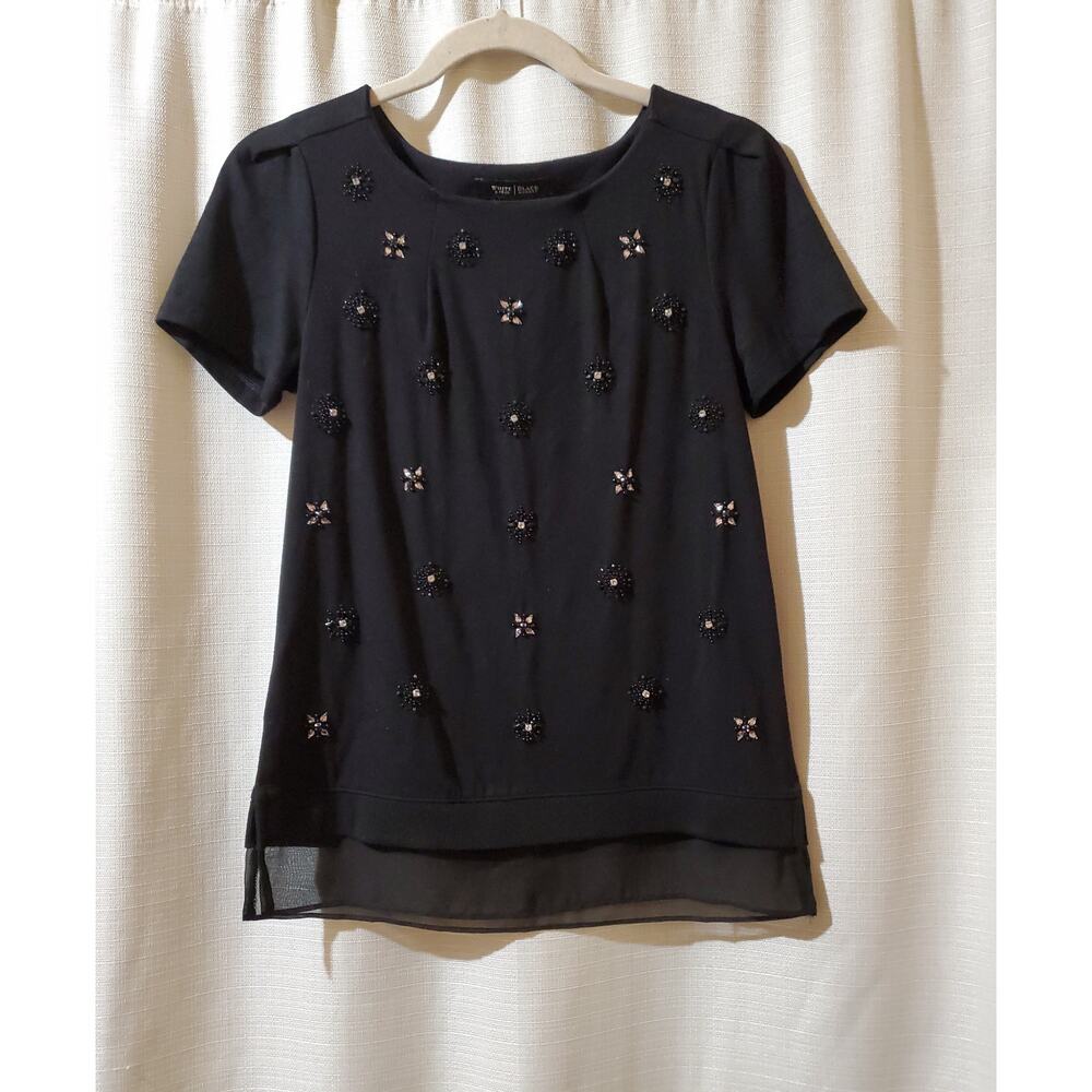 White House Black Market Top Blouse Beaded Rhinestone Shirt Womens XXS